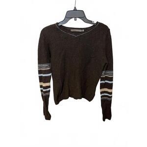 Smartwool Women's Medium Brown V-Neck Merino Wool Sweater Striped Sleeves 90s